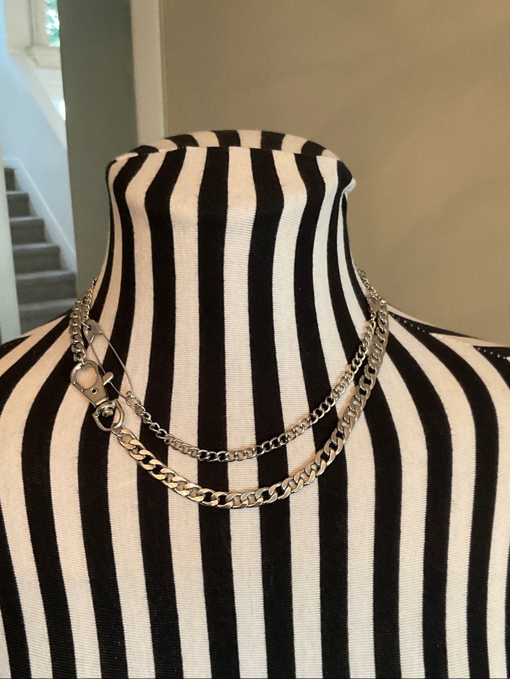 Layered Silver Safety Pin Chain Necklace Set for Women